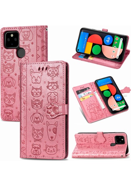 Google Piksel 5 Çevirme Cüzdan Kabartmalı Kapak Etui Housse Kedi Köpek Deseni - Pembe