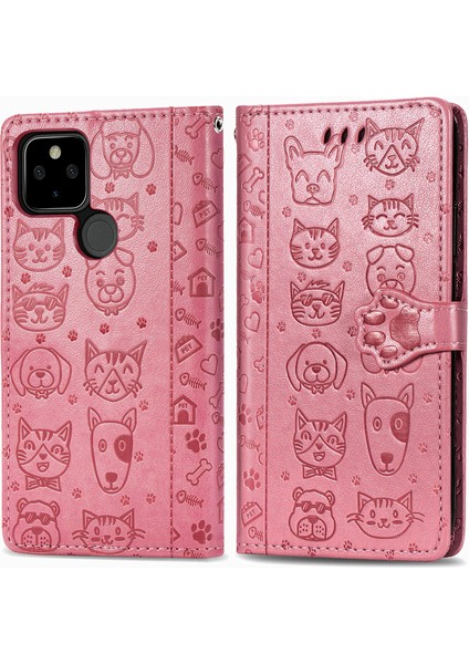 Google Piksel 5 Çevirme Cüzdan Kabartmalı Kapak Etui Housse Kedi Köpek Deseni - Pembe modelleri