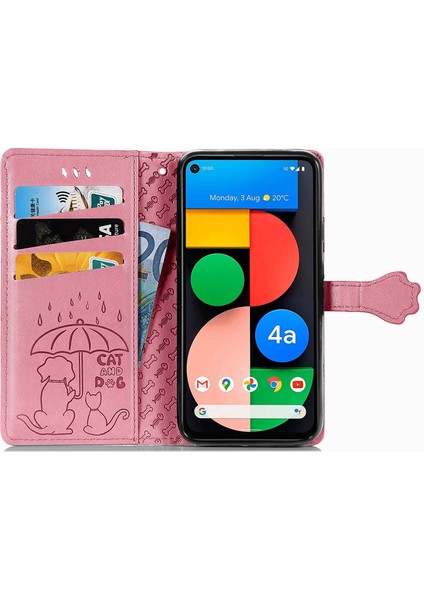 Google Piksel 5 Çevirme Cüzdan Kabartmalı Kapak Etui Housse Kedi Köpek Deseni - Pembe fırsatları