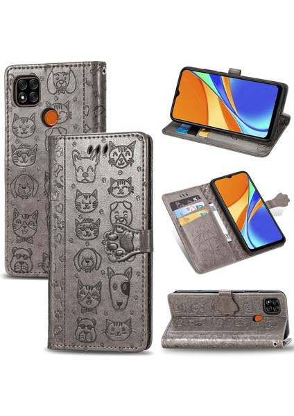 Kılıf Xiaomi Redmi 9c Flip Cüzdan Kabartmalı Kapak Etui Housse Kedi Köpek Deseni - Gri