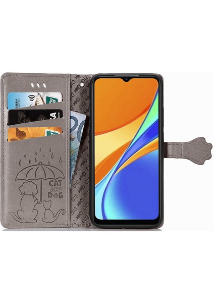 Kılıf Xiaomi Redmi 9c Flip Cüzdan Kabartmalı Kapak Etui Housse Kedi Köpek Deseni - Gri fırsatları