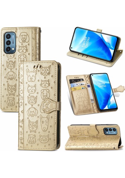 Oneplus Nord N200 5g Flip Cüzdan Kabartmalı Kapak Etui Housse Kedi Köpek Deseni - Altın(Yurt Dışından)
