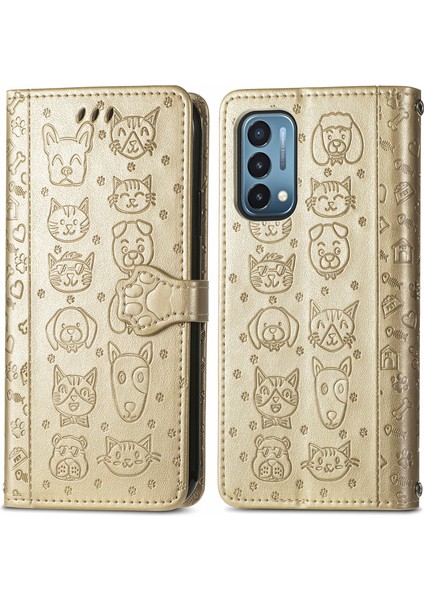 Oneplus Nord N200 5g Flip Cüzdan Kabartmalı Kapak Etui Housse Kedi Köpek Deseni - Altın(Yurt Dışından)