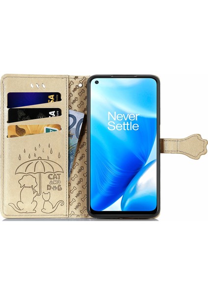 Oneplus Nord N200 5g Flip Cüzdan Kabartmalı Kapak Etui Housse Kedi Köpek Deseni - Altın(Yurt Dışından)