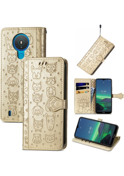 Kılıf Nokia 1.4 Çevirme Cüzdan Kabartmalı Kapak Etui Housse Kedi Köpek Deseni - Altın