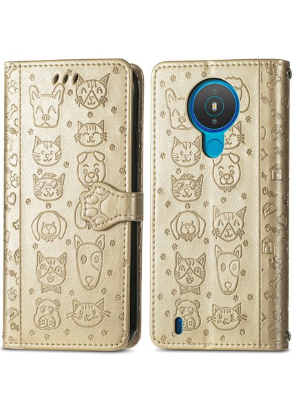 Kılıf Nokia 1.4 Çevirme Cüzdan Kabartmalı Kapak Etui Housse Kedi Köpek Deseni - Altın modelleri