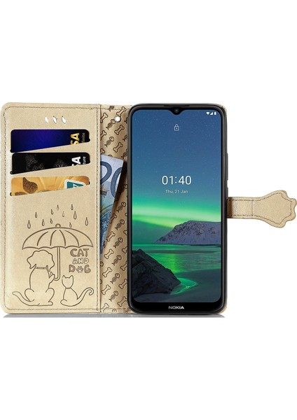 Kılıf Nokia 1.4 Çevirme Cüzdan Kabartmalı Kapak Etui Housse Kedi Köpek Deseni - Altın fırsatları