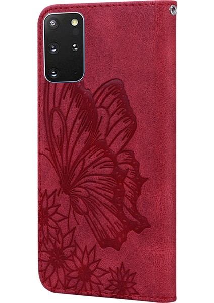 Samsung Galaxy S20 Artı Retro Çevirme Cüzdanı Kabartma Kelebek Kapak - Kırmızı indirimleri