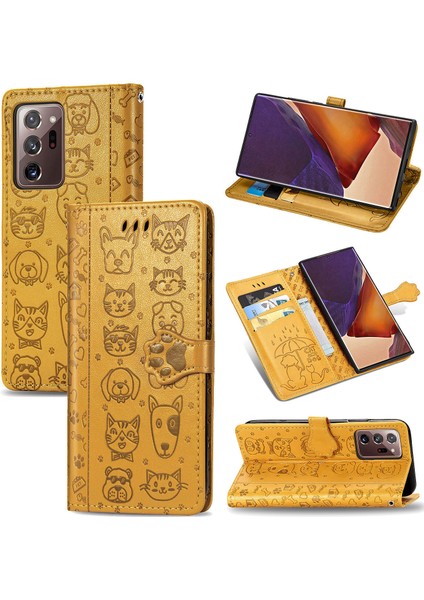 Durumda Samsung Galaxy Not 20 Ultra Çevirme Cüzdan Kabartmalı Kapak Etui Housse Kedi Köpek Desen - Sarı