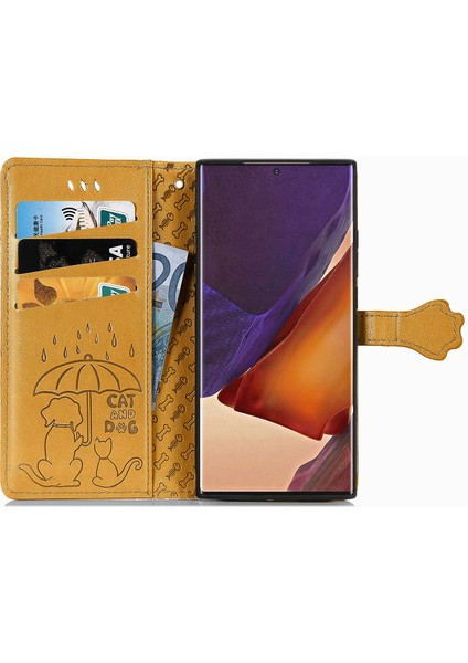 Durumda Samsung Galaxy Not 20 Ultra Çevirme Cüzdan Kabartmalı Kapak Etui Housse Kedi Köpek Desen - Sarı fırsatları