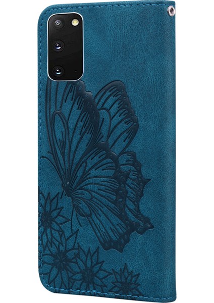 Kılıf Samsung Galaxy S20 Retro Çevir Cüzdan Kabartma Kelebek Kapak - Mavi fırsatları