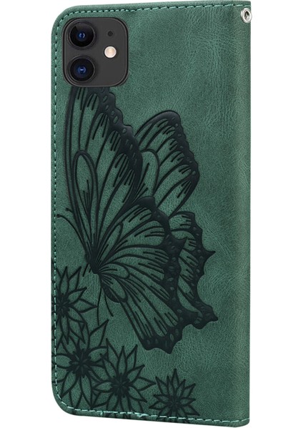 IPhone 11 Retro Çevir Cüzdan Kabartma Kelebek Kapak - Yeşil indirimleri