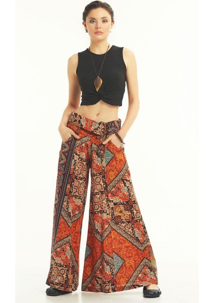 Düşük Bel Düğmeli Bol Paça Pantolon