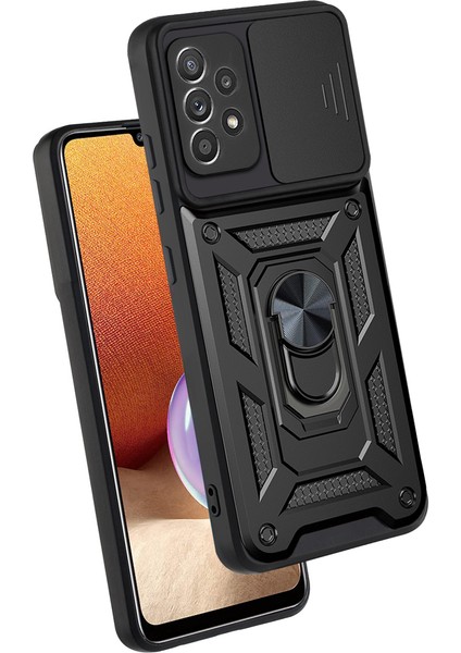 Samsung Galaxy A52 5g/4g Ince Kaydırmalı Kamera Kapaklı ve Halka Tutucu Standlı Sağlam Zırh Koruma Çantası Kırmızı(Yurt Dışından)