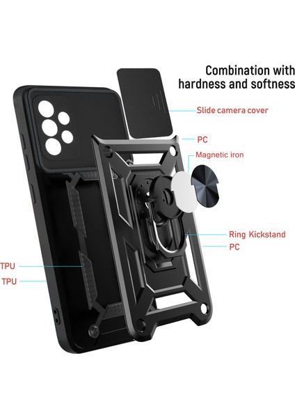 Samsung Galaxy A72 5g/4g Ince Kaydırmalı Kamera Kapaklı ve Halka Tutucu Standlı Sağlam Zırh Koruma Çantası Kırmızı