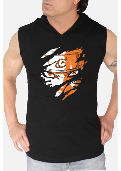 Sert Naruto Siyah Kapşonlu|kolsuz Erkek Atlet T-Shirt