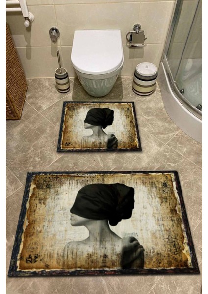 Kadın Figür Antik Desenli 2'li Halı Takımı (60X100/40X60) - ES1319
