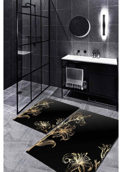 Gold Zambak Desenli Siyah 2'li Halı Takımı (60X100/40X60) - ES113