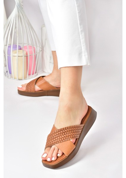 Taba Hakiki Deri Çapraz Bantlı Kadın Terlik M291049903