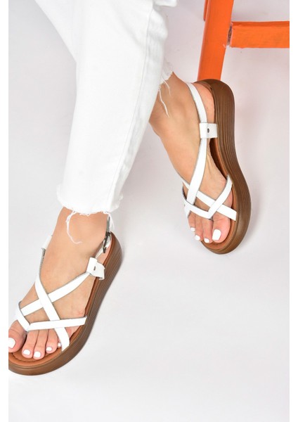 Beyaz Hakiki Deri Parmak Arası Kadın Sandalet M291050703