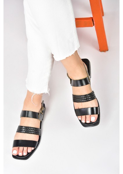 Siyah Hakiki Deri Kalın Bantlı Günlük Kadın Sandalet M291042603 fiyatları