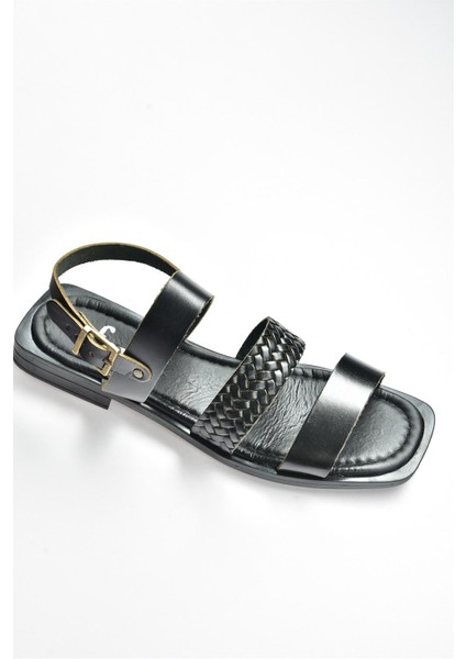 Siyah Hakiki Deri Kalın Bantlı Günlük Kadın Sandalet M291042603 indirimleri