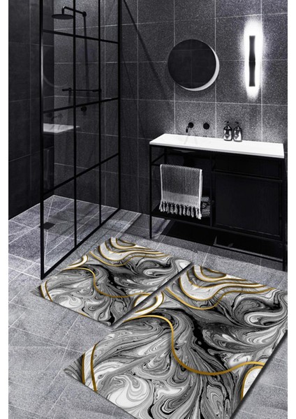 Gümüş-Gold Ebru Desenli 2'li Halı Takımı (60X100/40X60) - WL1326