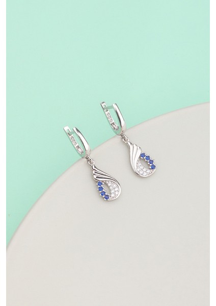 925 Ayar Gümüş Safir Taşlı Model Melek Kanadı Küpe