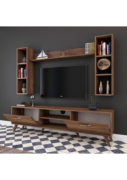 A9 Duvar Raflı Tv Ünitesi Kitaplıklı Tv Sehpası Duvara Monte Raflı Modern Ayaklı 180 cm Minyatür Ceviz M5