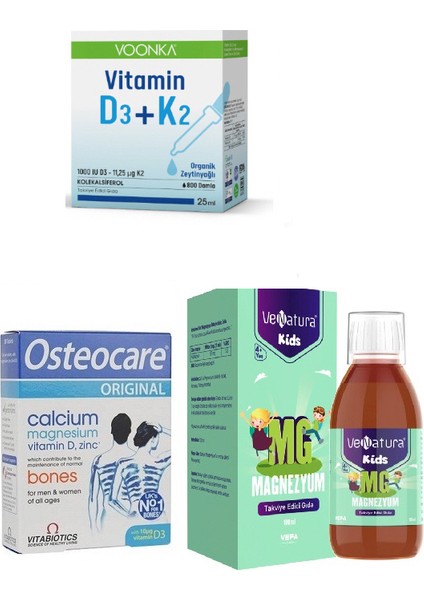 D3 K2 Vitamini 25 Ml+ Kids Magnezyum 100 Ml+Yetişkinler Için Kalsiyum, Magnezyum,d3,çinko 30 Tablet