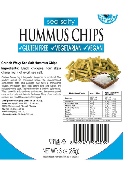 Deniz Tuzlu Vegan Glütensiz Zeytinyağlı Fırınlanmış Nohut Cipsi (Hummus Chips)