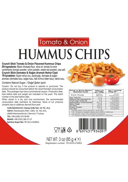 Domates & Soğan Aromalı Vegan Glütensiz Zeytinyağlı Fırınlanmış Nohut Cipsi (Hummus Chips)