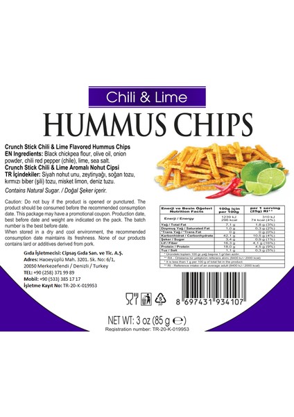 Acı Biber & Misket Limonu Aromalı Vegan Glütensiz Zeytinyağlı Fırınlanmış Nohut Cipsi (Hummus Chips)