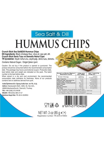 Deniz Tuzlu & Dereotlu Vegan Glütensiz Zeytinyağlı Fırınlanmış Nohut Cipsi (Hummus Chips)