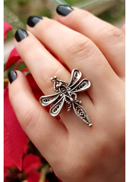 Antik Gümüş Kaplama Kelebek Şekilli El Yapımı Ayarlanabilir Kadın Yüzük