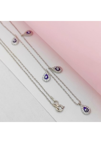 Gümüş Nazar Boncuklu Damla Model Sallantılı Kolye 925 Ayar