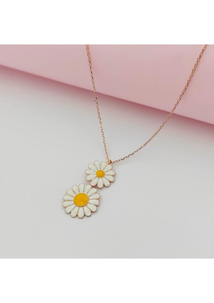 Gümüş Ikili Papatya Model Kolye 925 Ayar