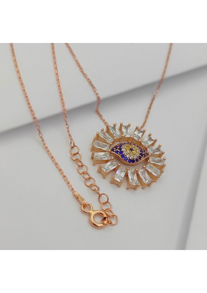 Kadın Rose Baget Taşlı Nazar Boncuğu Sembol Gümüş Kolye 925 Ayar