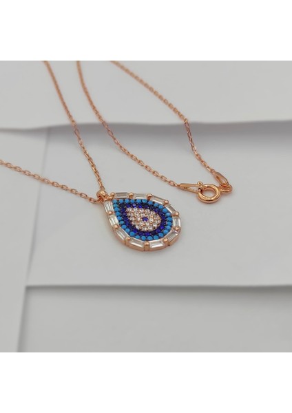 Gümüş Damla Model Baget Taşlı Nazar Boncuğu Kolye 925 Ayar