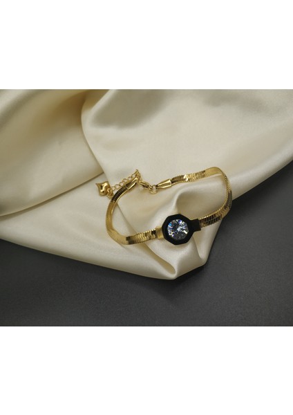 Zirkon Tek Taşlı Italyan Yassı Lüks Çelik Bileklik