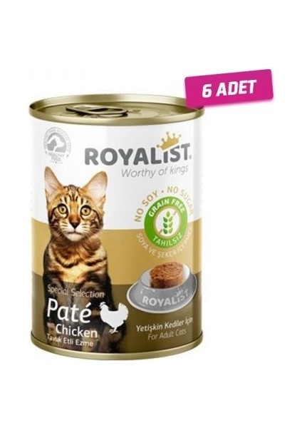 6 Adet - Royalist Tahılsız Pate Tavuklu Ezme Yetişkin Kedi Konservesi 400 gr