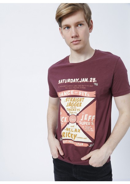 222 Lcm 242030 Kenway Bisiklet Yaka Slim Fit Baskılı Mürdüm Erkek T-Shirt