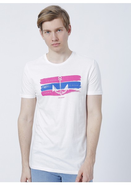222 Lcm 242010 Anches Bisiklet Yaka Slim Fit Baskılı Kırık Beyaz Erkek T-Shirt