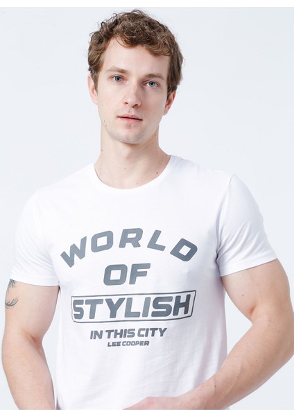 Bisiklet Yaka Slim Fit Baskılı Beyaz Erkek T-Shirt - 222 LCM 242021 Stylish