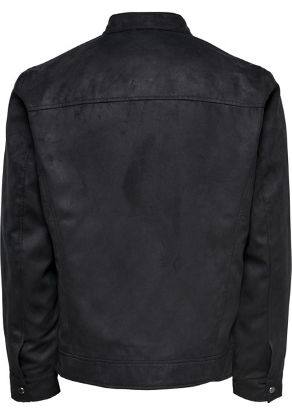 Dik Yaka Normal Kalıp Düz Siyah Erkek Mont - 22021446_Onswillow Fake Suede