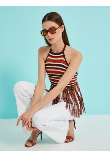 Kadın Crop Atlet Halter Yaka Püskül Detaylı