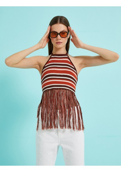 Kadın Crop Atlet Halter Yaka Püskül Detaylı