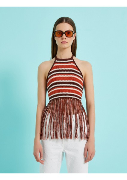 Kadın Crop Atlet Halter Yaka Püskül Detaylı
