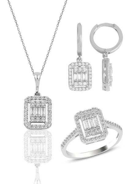 Gümüş Beyaz Altın Rodyumlu Baget Taşlı Çizgili Üçlü Set