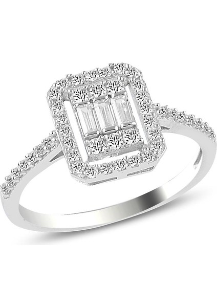 Gümüş Beyaz Altın Rodyumlu Baget Taşlı Çizgili Üçlü Set modelleri